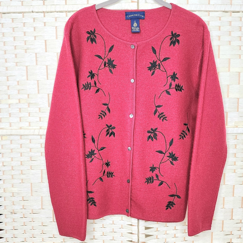Vintage Charter Club 100 Wool Cardigan Embroidered Sweater Size Medium